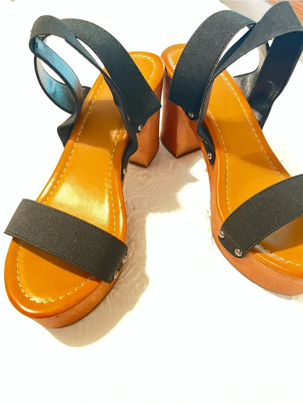 Black Strappy Platform Sandals with Wood-Effect Heel